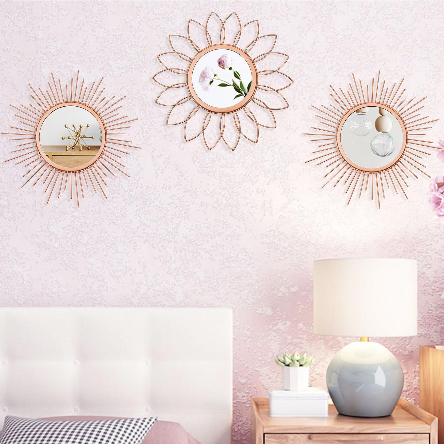 3 Pack Metal Mirrors for Wall Sunburst Wall Mirrors Home Décor Decorative Hanging Wall Art for Living Room Bedroom Entryway (Gold, Flower+Sunburst)