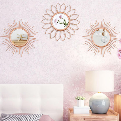 3 Pack Metal Mirrors for Wall Sunburst Wall Mirrors Home Décor Decorative Hanging Wall Art for Living Room Bedroom Entryway (Gold, Flower+Sunburst)