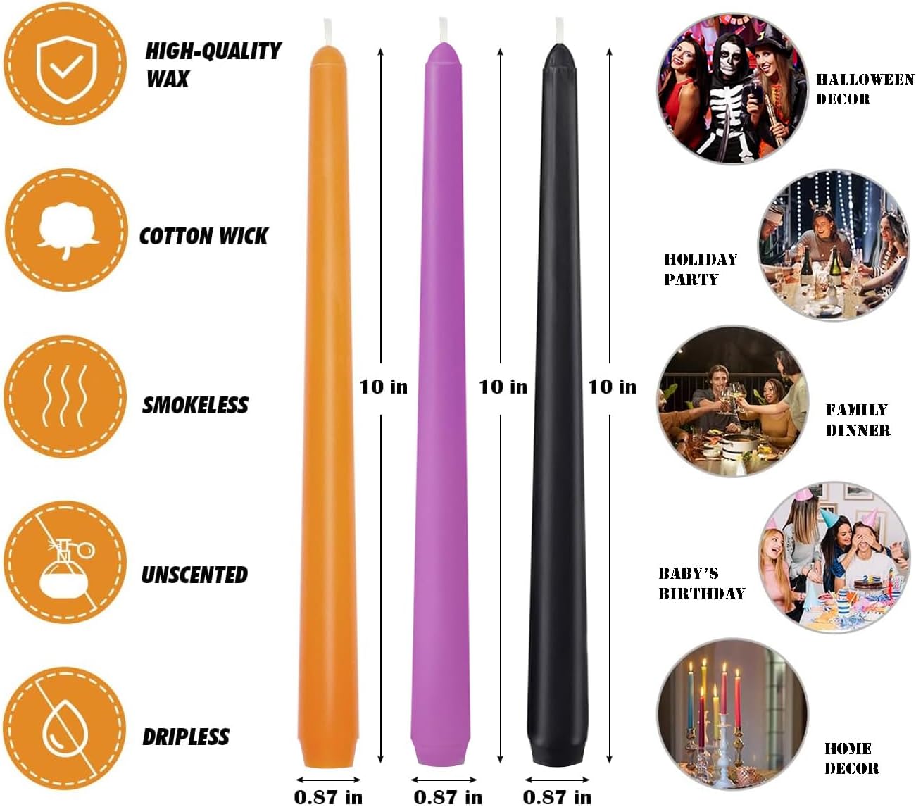12-Pack Earth Tone Taper Candles, 10 Inch Unscented Dripless Candlesticks, Long-Lasting Burn Time of 7-8 Hours, Perfect for Fall Harvest Halloween Thanksgiving Dinners Parties and Home Décor