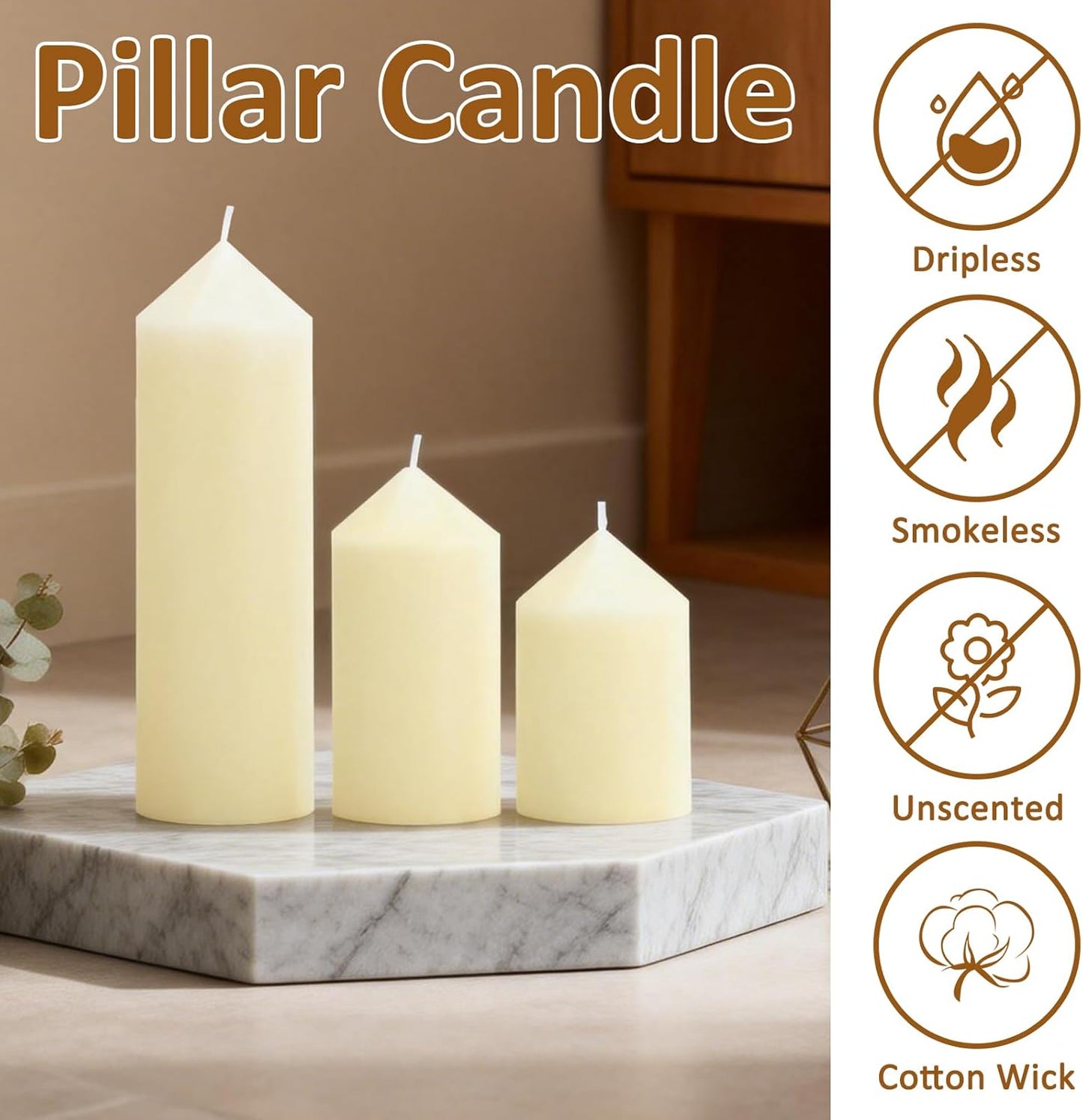12-Pack Ivory Unscented Pillar Candle Set - 2x3, 2x6, 2x8-inch Long-Burning Drip-Free Tapers, 4 Per Size. Ideal for Home Decor, Weddings, Emergencies, and Holidays.
