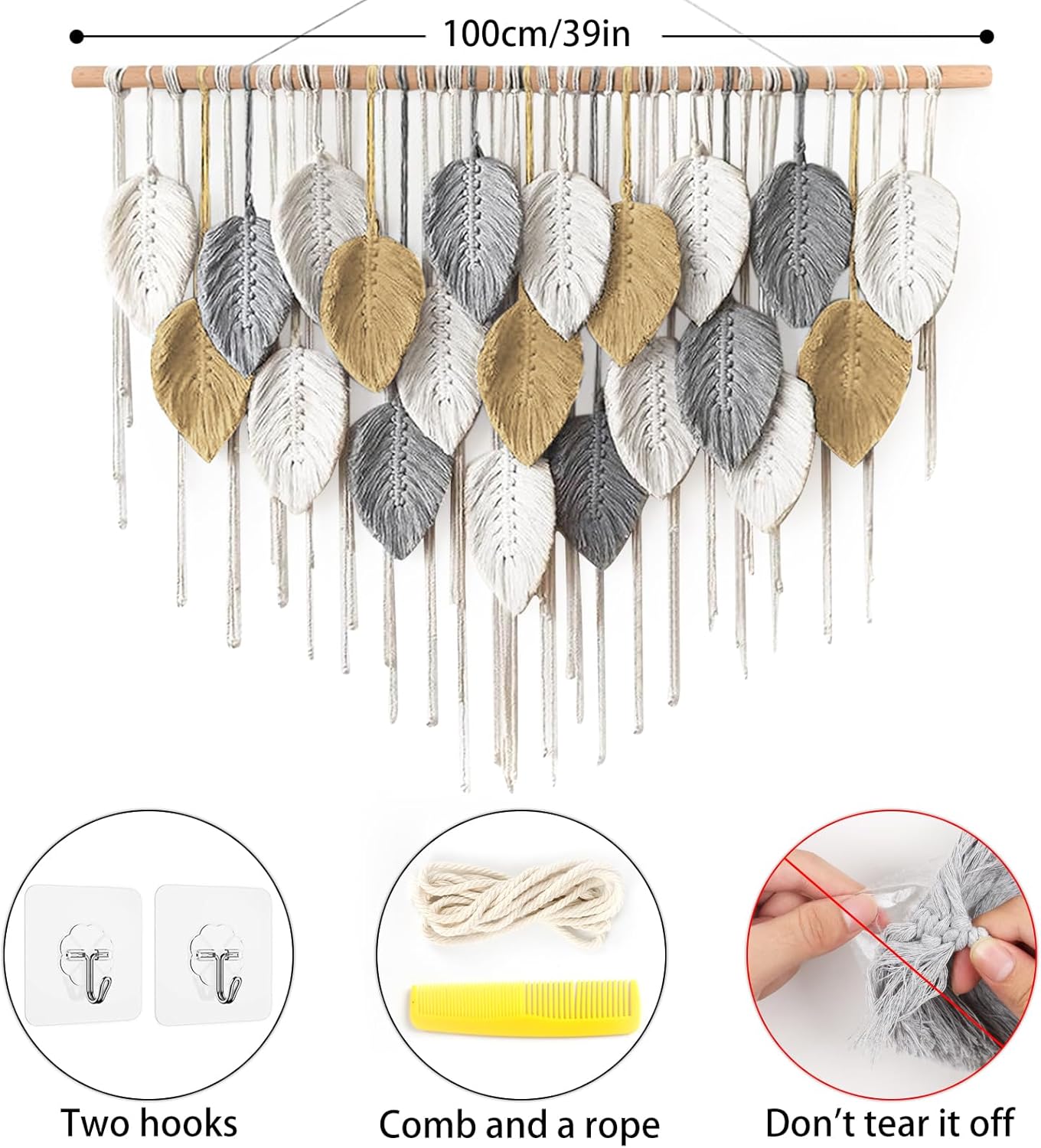 LOMOHOO Macrame Wall Hanging Boho Beige Leaves Tapestry Bohemian Handmade Woven Wall Art Decoration for Bedroom Living Room Apartment Dorm Gallery Perfect Handmade Gift Ideas