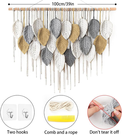 LOMOHOO Macrame Wall Hanging Boho Beige Leaves Tapestry Bohemian Handmade Woven Wall Art Decoration for Bedroom Living Room Apartment Dorm Gallery Perfect Handmade Gift Ideas