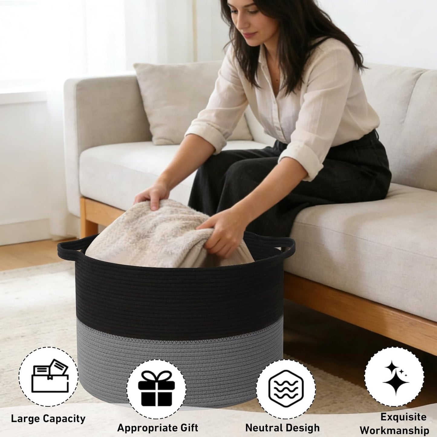 Large Woven Blanket Basket,65L Cotton Rope Laundry Basket Hamper with Handles, Decorative Nursery Basket Storage Bin for Toys, Clothes Organizer, Living Room, Bedroom, Bathroom, White & Brown