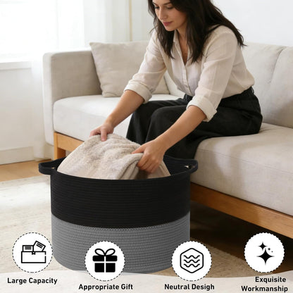 Large Woven Blanket Basket,65L Cotton Rope Laundry Basket Hamper with Handles, Decorative Nursery Basket Storage Bin for Toys, Clothes Organizer, Living Room, Bedroom, Bathroom, White & Brown