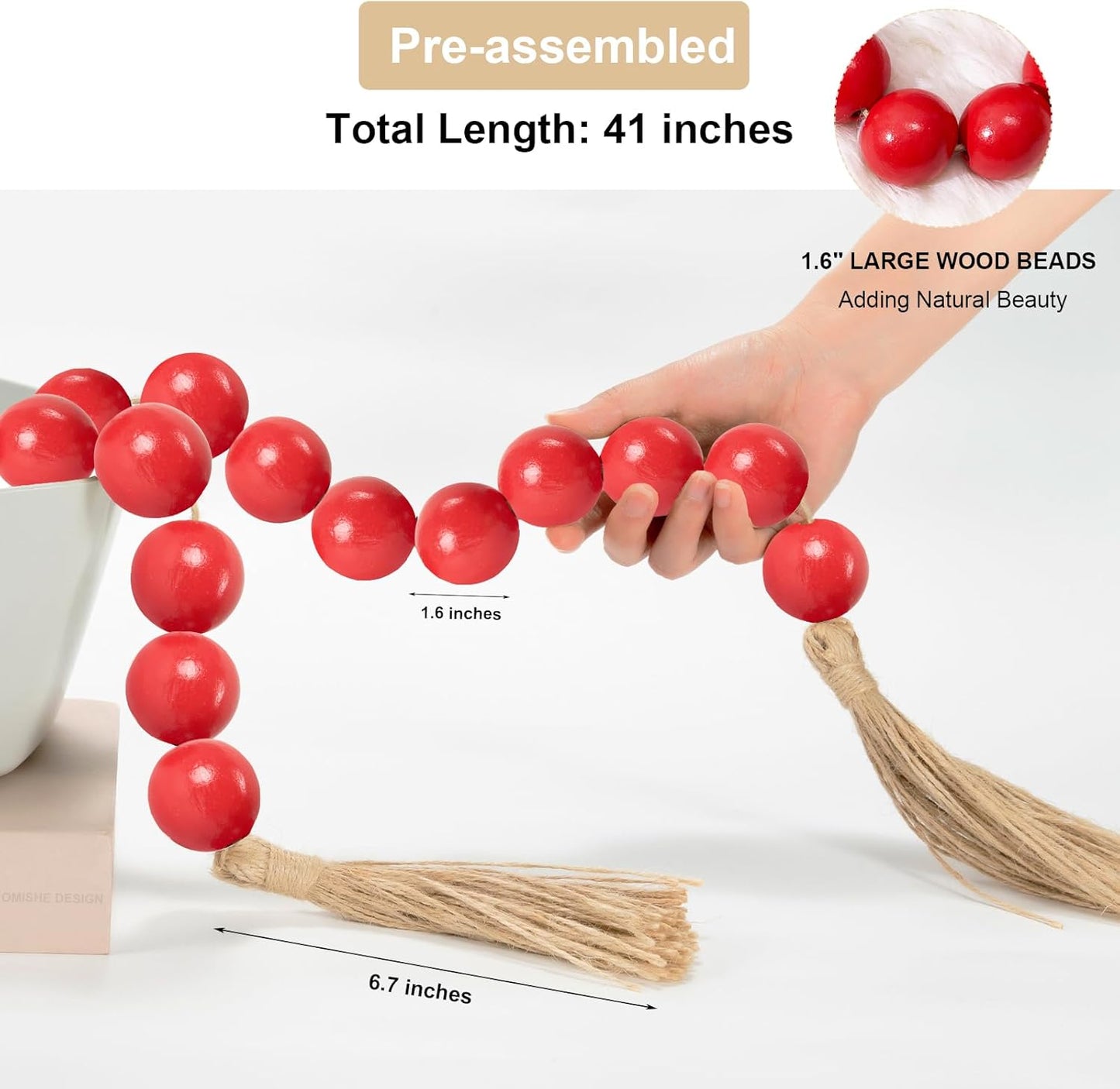 OMISHE Extra Large Wood Bead Garland with 1.6" Diameter Wooden Beads and Tassels, 41" Long Rustic Farmhouse Country Decorative Beads for Home Tiered Tray Decor, Natural Beige