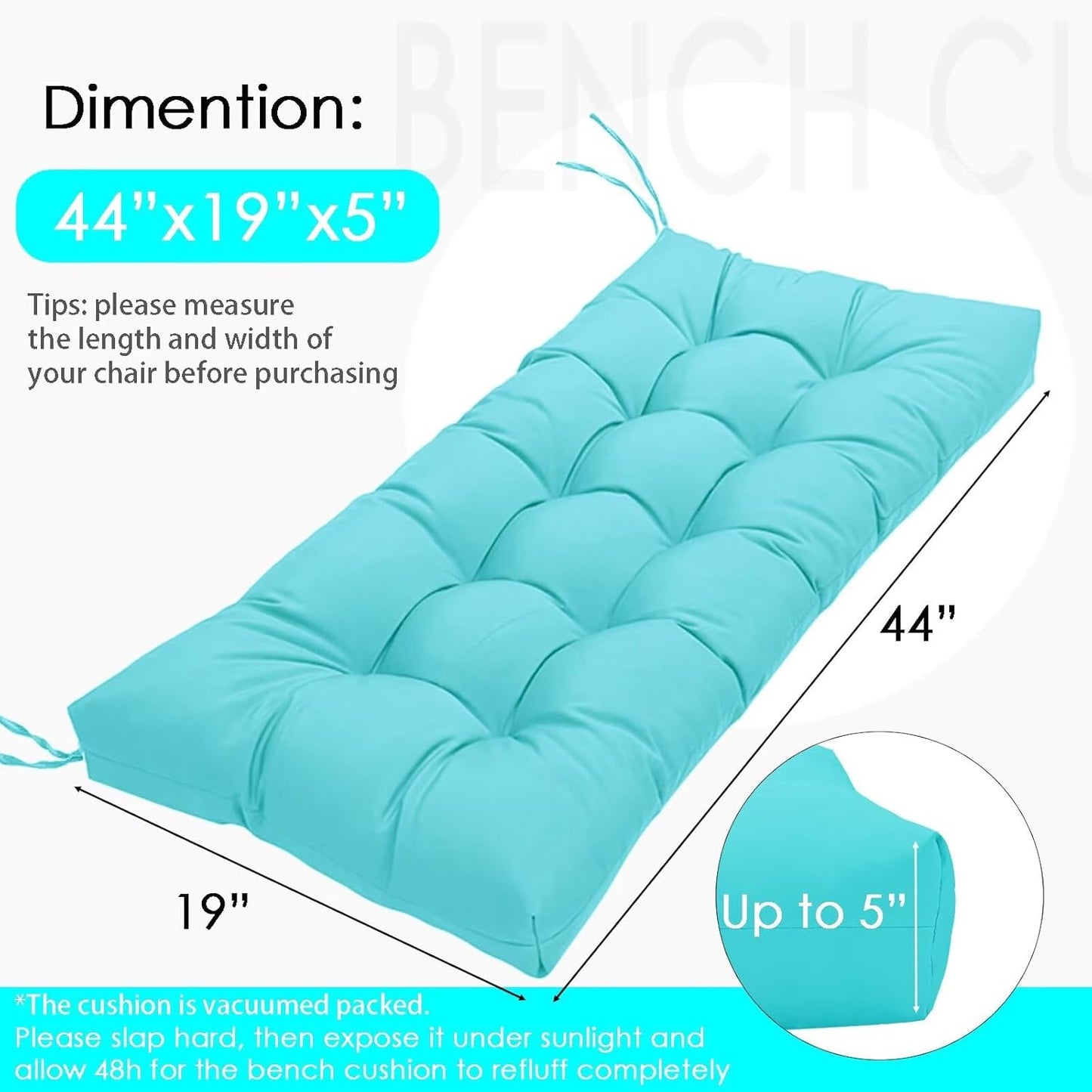 MTMR Outdoor Bench Cushion-44X19 Water-Repellent Tufted Porch Swing Cushions with High Elasticity PP Cotton and Ties Fade-Resistant Patio Outdoor Chair Cushion for Bench Furniture, Indoor Seat Cushion
