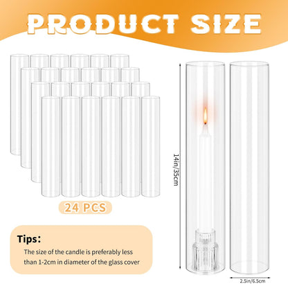 24 PCS Hurricane Candle Holder, 2.5" W x 14" H Open Ended Glass Candle Cylinder Sleeve, Clear Glass Cylinder Candle Holder, Open Flame Candle Chimney Tube Cover, Bottomless Cylindrical Glass