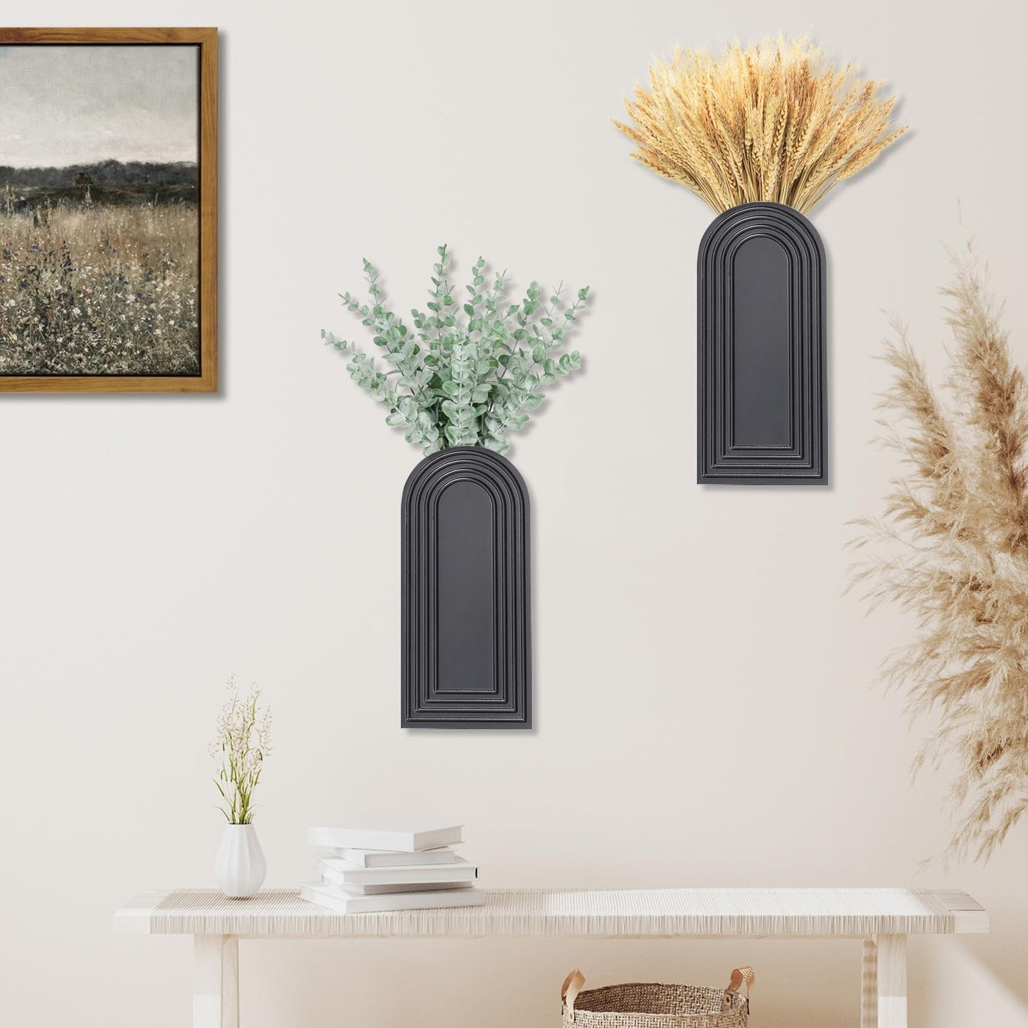 Dnnnii 2 Pack Wooden Wall Vase Set - Brown Finish Modern Farmhouse & Boho Wall Decor for Entryway, Hallway, Bathroom, Living Room, Dining Room, Narrow Spaces