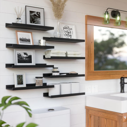 RICHER HOUSE 5 Set Floating Wall Mounted Shelves, Black Shelves for Wall Decor, Modern Picture Ledge Shelf with Lip for Storage, Nursery, Bedroom, Living Room, Bathroom - Black