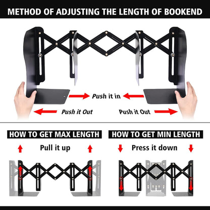 2PCS Adjustable Bookends, Metal Book Ends for Heavy Book, 2 Dividers, Nonslip Book Stander for Desk, Shelf, Office, Stationery Gift, Extends up to 19 inches (Blue)