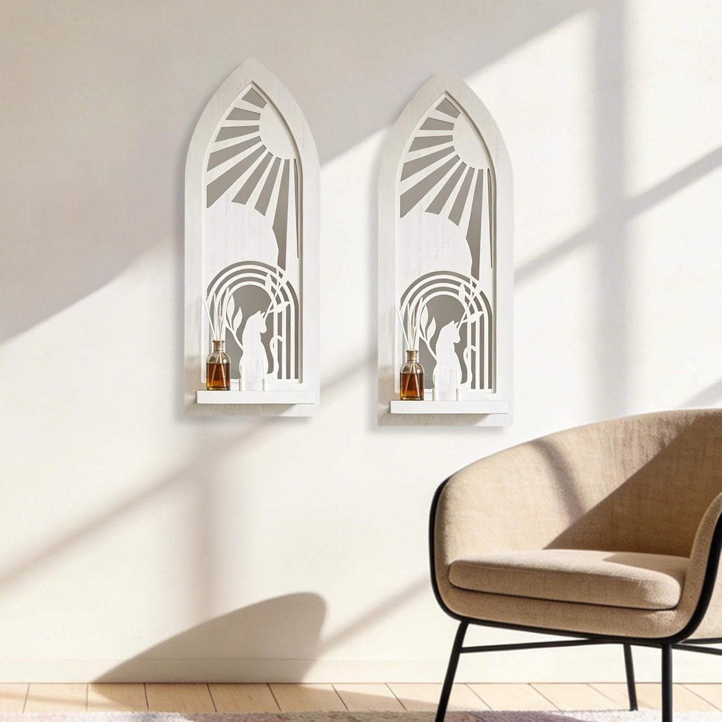Wood Wall Sconce Candle Holder Set 2, Rustic Wall-Mount Candle Holders, Farmhouse Hanging Wall Décor, Carved Wood Frame, Mirrored Candle Holder (Distressed White)