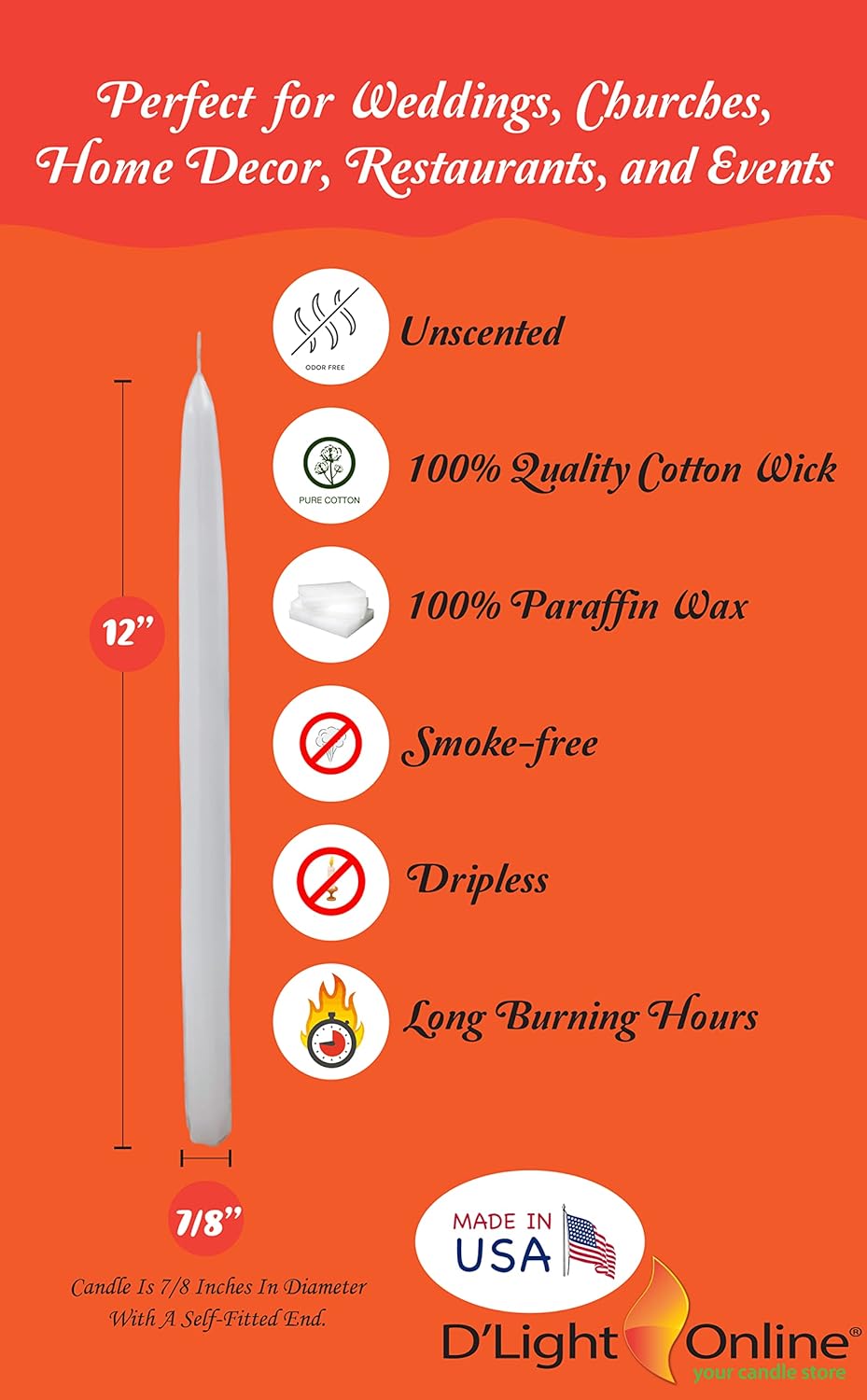 D'light Online White Taper Candles, 10 Inch Premium Quality Candles Hand-Dipped Tapered Candles, Dripless, Smokeless and Unwrapped Bulk Pack for Events - Set of 12 (10 Inch, White)