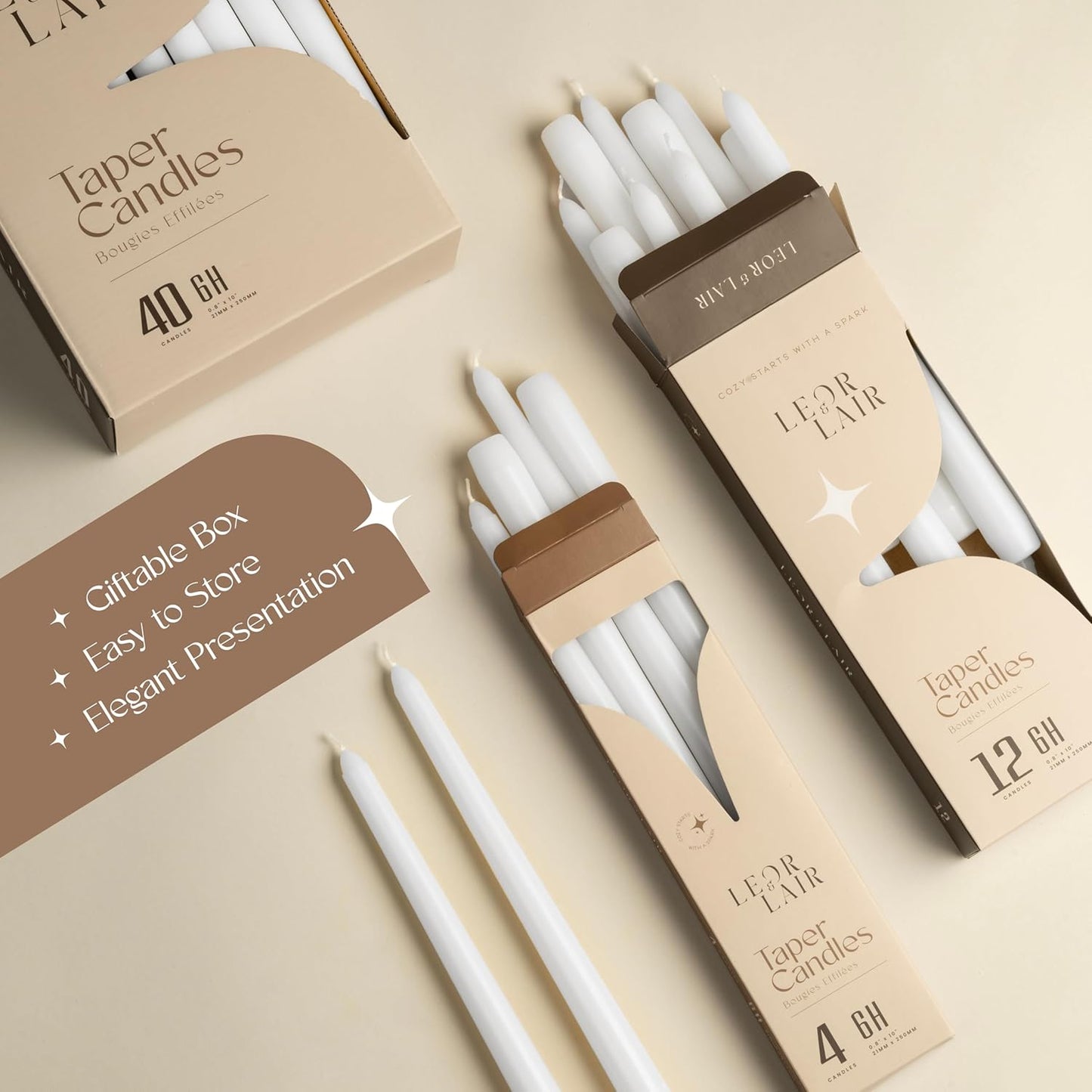 Leor & Lair Ivory Taper Candles - 4 Pack 10" Ivory Candlesticks - Unscented Cream Candle Sticks for Home Decoration, Holiday Tables, Weddings, Restaurants & Business Events