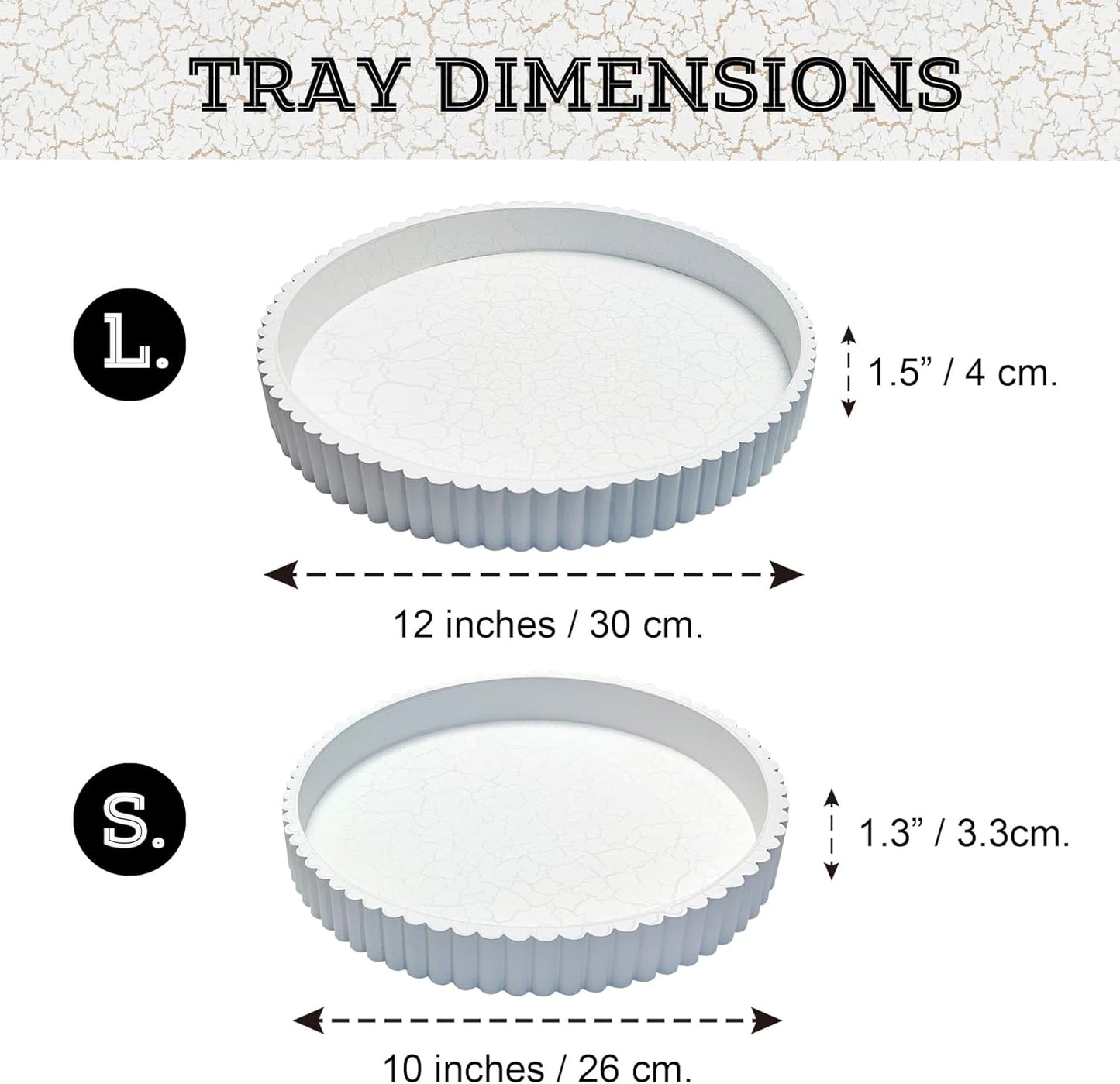 Modern Table Round Decorative Trays 2pcs Home Decor - Circle Coffee Table Centerpiece Set 12"/10" - Wooden Cool Grey Ottoman Tray with Fluted Edge