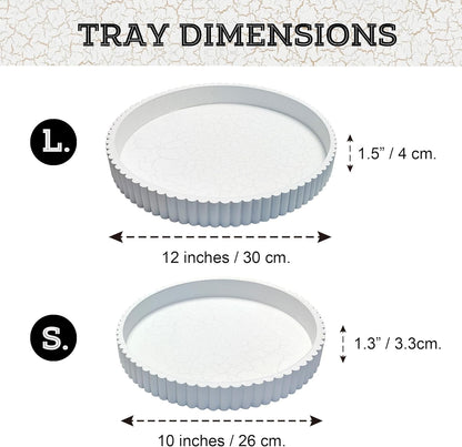 Modern Table Round Decorative Trays 2pcs Home Decor - Circle Coffee Table Centerpiece Set 12"/10" - Wooden Cool Grey Ottoman Tray with Fluted Edge