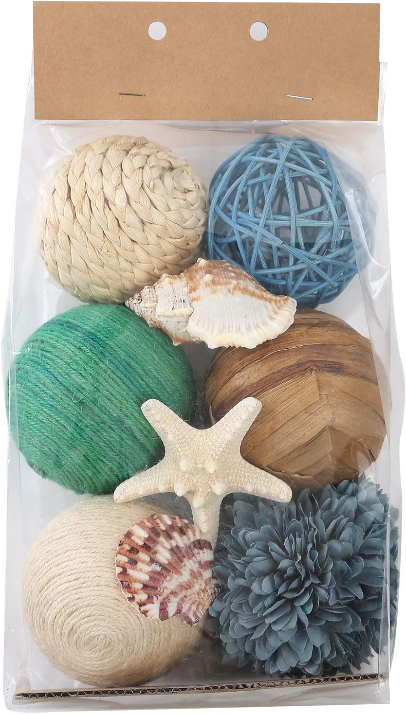 6pcs 3.5inch Woven Wicker Rattan Balls Decorative Ball Twig Orbs Green Orbs Vase Bowl Filler for Tabletop Decor (Beige White)