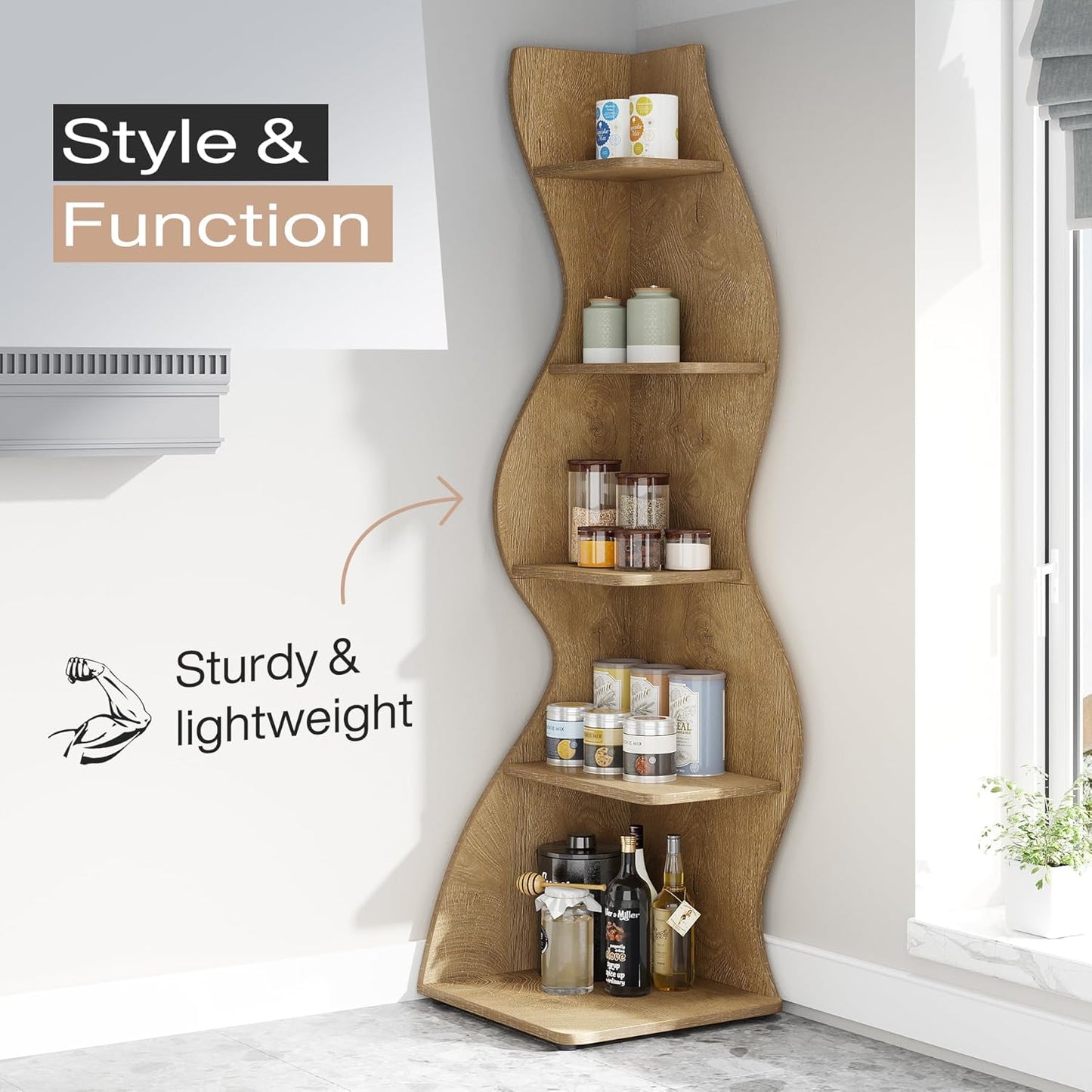 Tribesigns Corner Shelf, Modern 5-Tier Wall Corner Bookshelf, Stylish Corner Small Bookcase Storage Rack Plant Stand with Unique Shape for Living Room, Home Office (White, 1PC)