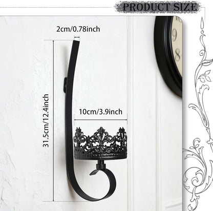Set of 2 Black Wrought Iron Wall Mount Candle Sconces - Farmhouse Style Hanging Candle Holders for Living Room, Bathroom, Dining Room, and Window Decor (2, Black-B Style)