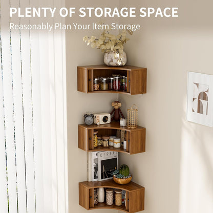 Corner Shelves Wall Cabinet Set of 3, Floating Corner Shelf Organizer with Sliding Doors, Fluted Wall Cabinet for Living Room, Bedroom, Office, Small Space, Walnut (Curved, 15.74“)
