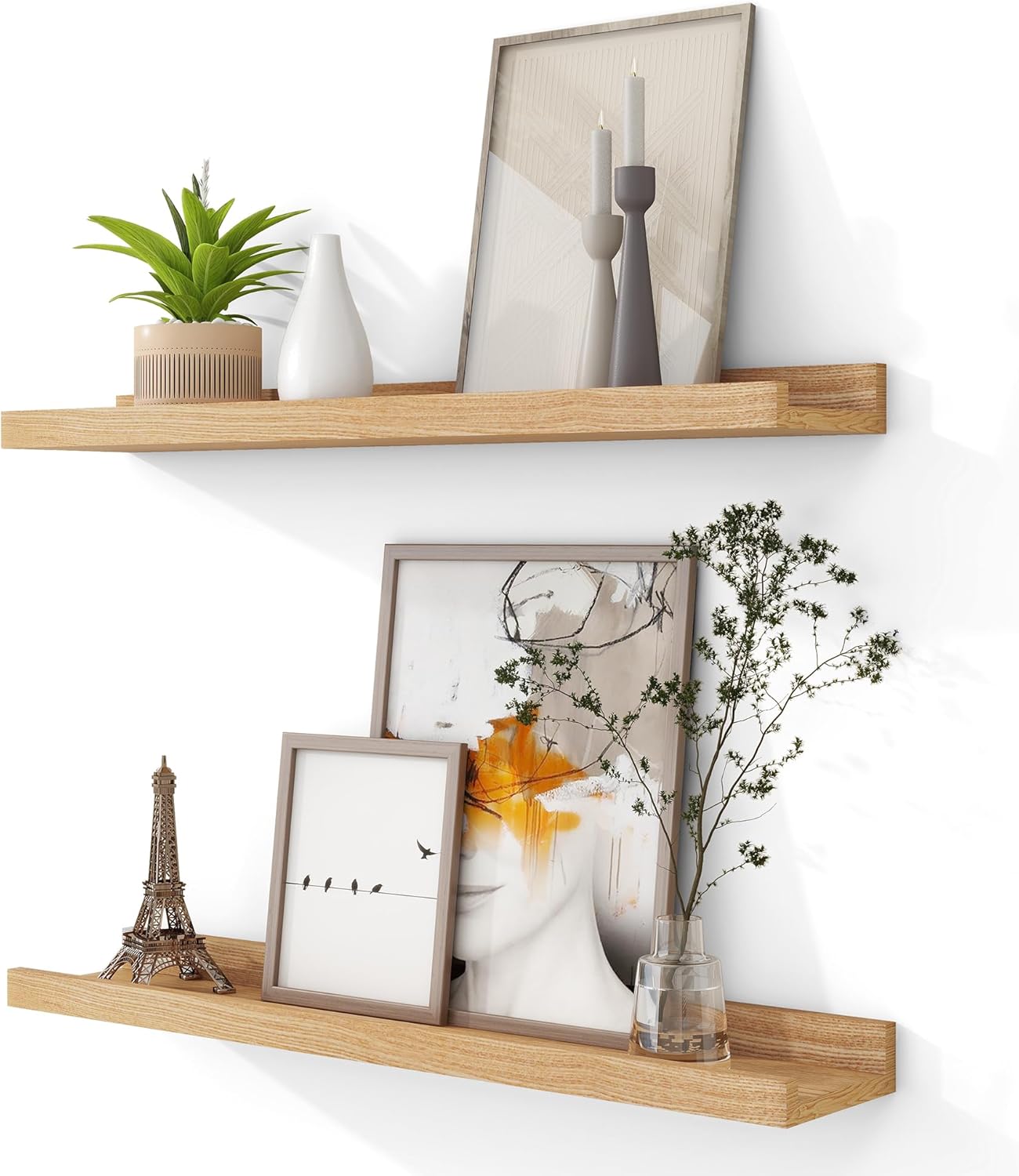 FLYJOE Picture Ledge Shelf, Floating Shelves Set of 2, Solid Pine Wood 55'' Long Large Nursery Book Shelves for Toys Storage, Kids Bookshelf for Living Room Bedroom Decor Books Photo Frames, Walnut