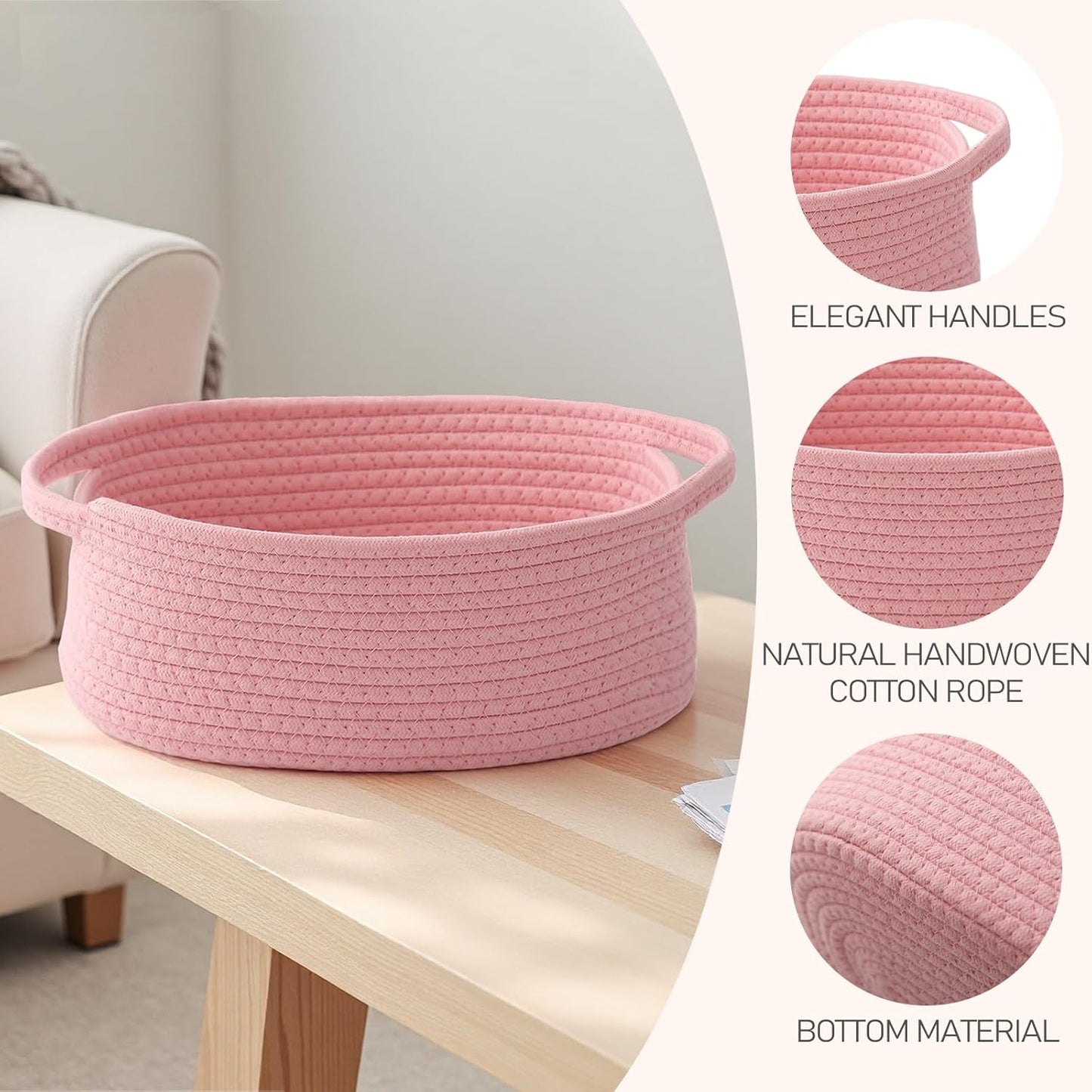 JMvicyroam Woven Basket,Small Rope Storage Bin with Handles & Ribbon Bag, Organizer for Shelves Closets,Gift Basket Empty for Birthday,Books,Dog Toys,White