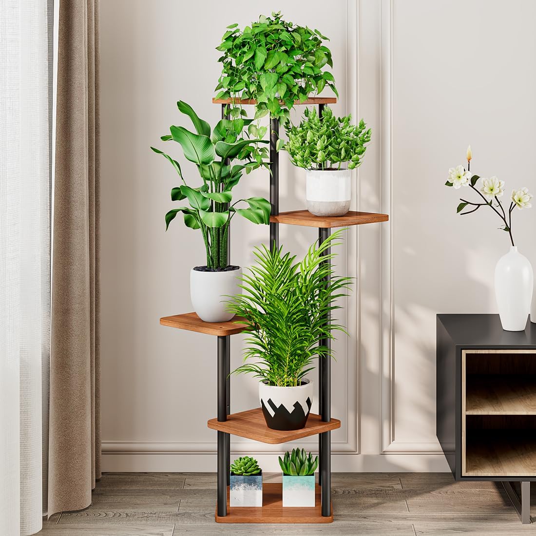 AZERPIAN Plant Stand 5 Tier Indoor Metal Flower Shelf for Multiple Plants Corner Tall Flower Holders for Patio Garden Living Room Balcony Bedroom, Black (5 Tier-Black)