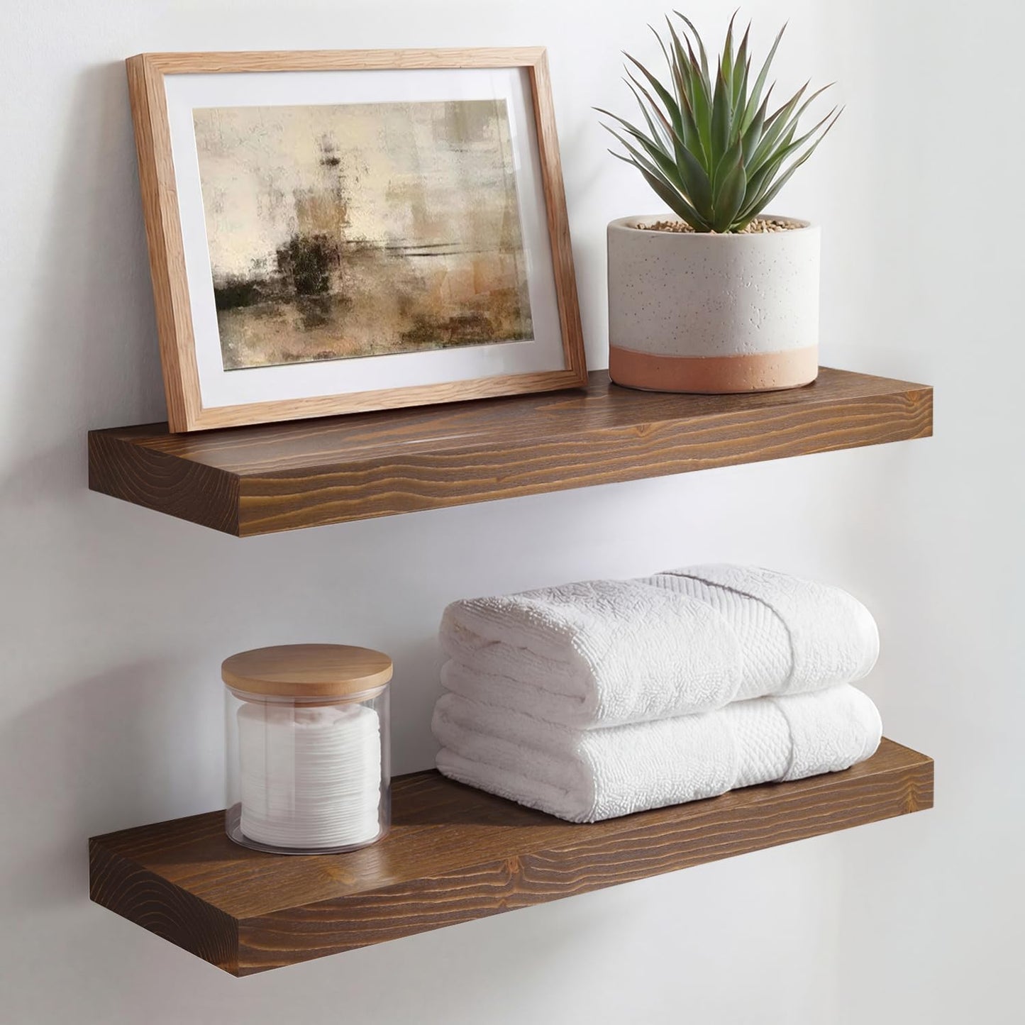 Homeforia 24 inch Natural Floating Shelf, High End Solid Real Wood 24inch Small Floating Shelves for Wall Mounted, Natural Wooden Floating Shelves, Heavy Duty Bracket, 24 X 6.5 X 1.75 in, Set of 2