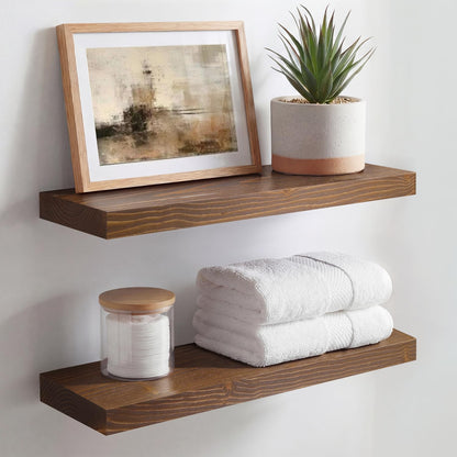 Homeforia 24 inch Natural Floating Shelf, High End Solid Real Wood 24inch Small Floating Shelves for Wall Mounted, Natural Wooden Floating Shelves, Heavy Duty Bracket, 24 X 6.5 X 1.75 in, Set of 2