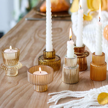 Brown Candlestick Holders 12PCS Ribbed Glass Taper Candle Holders Set for Tealight Candlestick Candles, Table Centerpieces for Thanksgiving Christmas Farmhouse Decor Indoor and Outdoor