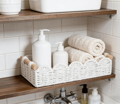 CubesLand Paper Rope Scalloped Edge Toilet Paper Storage Basket, Small Living Room, Bedroom Decor Baskets for Over Toilet Storage Shelf, End Table, Shelves and More, with 2 Wooden Handle, Neutral