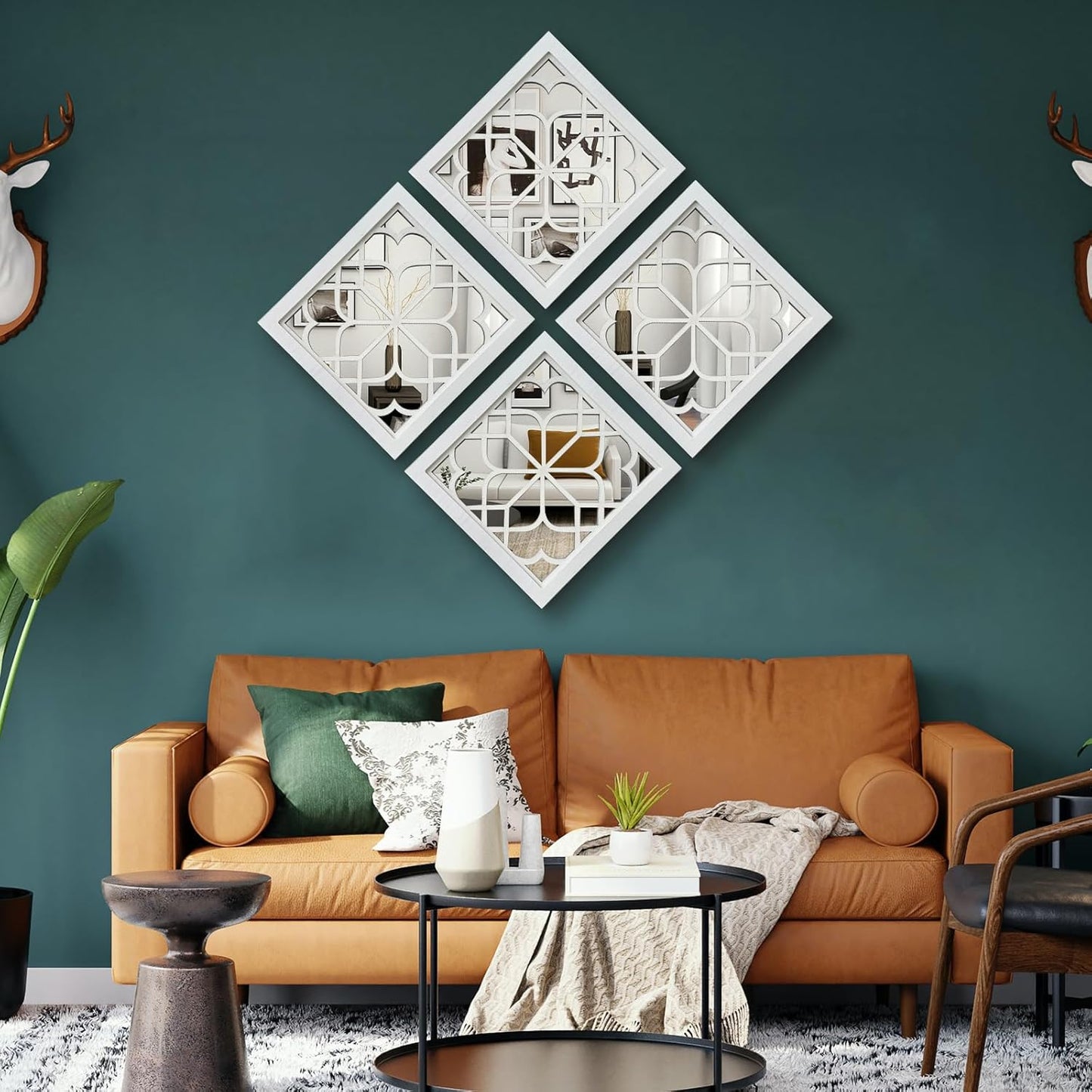 ZEXUIRU 4 Set. Rustic Wall Mirrors for Bedroom Bathroom Living Room Entryway Wood Farmhouse Square Easy to Hang Framed Decorative Accent Hanging Wall-Mounted Mirror Set for Living Room - Black