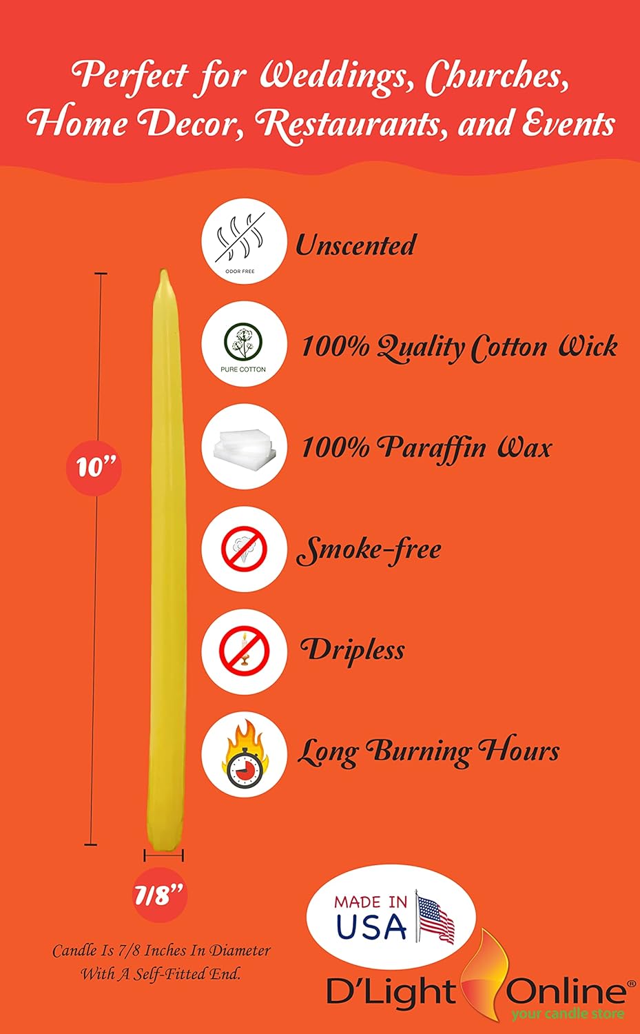D'light Online White Taper Candles, 10 Inch Premium Quality Candles Hand-Dipped Tapered Candles, Dripless, Smokeless and Unwrapped Bulk Pack for Events - Set of 12 (10 Inch, White)