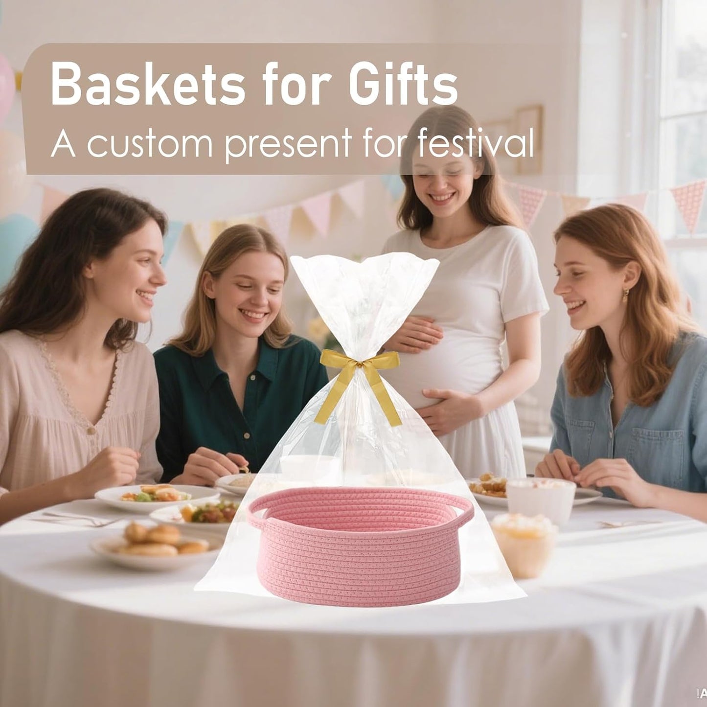 JMvicyroam Woven Basket,Small Rope Storage Bin with Handles & Ribbon Bag, Organizer for Shelves Closets,Gift Basket Empty for Birthday,Books,Dog Toys,White