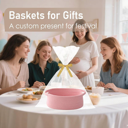 JMvicyroam Woven Basket,Small Rope Storage Bin with Handles & Ribbon Bag, Organizer for Shelves Closets,Gift Basket Empty for Birthday,Books,Dog Toys,White