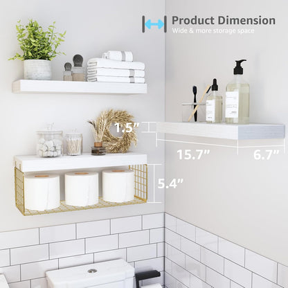QEEIG Bathroom Shelves Over Toilet - Wall Mounted Floating Shelves Toilet Paper Storage Small Farmhouse Decor Shelf 16 inch Set of 3, Rustic Brown (019-BN3)