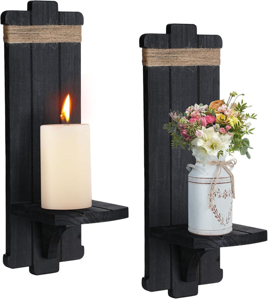 Farmhouse Wall Decor Candle Sconces - 2 Pcs Vintage Rustic Handmade Wooden Wall-Mount Candle Holders for Bedroom Living Room Bathroom Home Hanging Art Decorations Accessories Gifts, Brown