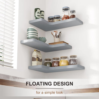 fuqing Floating Corner Shelves, Wall Shelf Set of 3, Shelves for Wall Storage, Solid Wood Shelves for Storage, Wall Mount Wooden Display Shelf for Bathroom Bedroom Kitchen Garage, Rustic Brown
