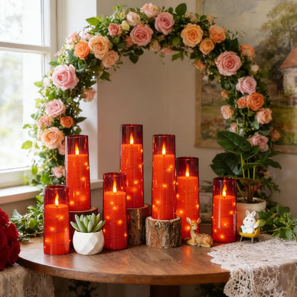 Nimiko Flickering Flameless LED Candles, 9 Pcs with Embedded Star String, Acrylic LED Pillar Candles with Remote, Suitable for Home Decoration (White)