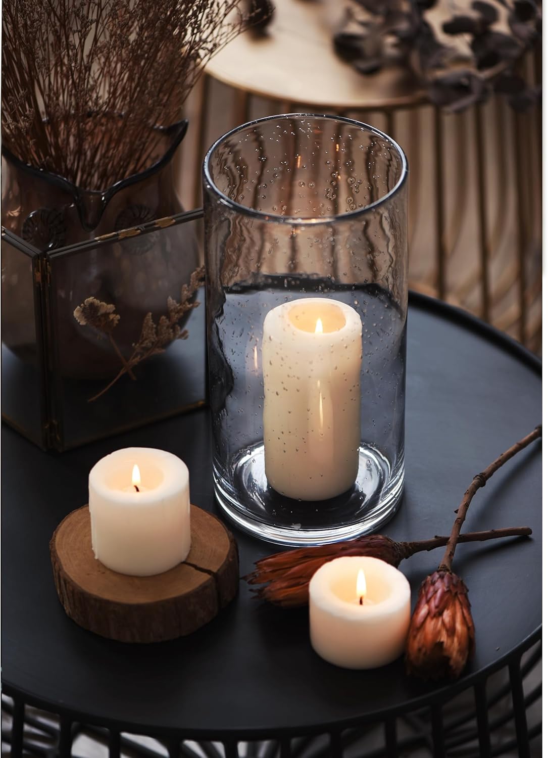 Hurricane Candle Holders for Pillar Hand Blown Glass Cylinder Vases Table Centerpiece Bulk Room Decor Clear Seeded Bubbles Living Dining Kitchen Island 10" 7" 4" Set of 3