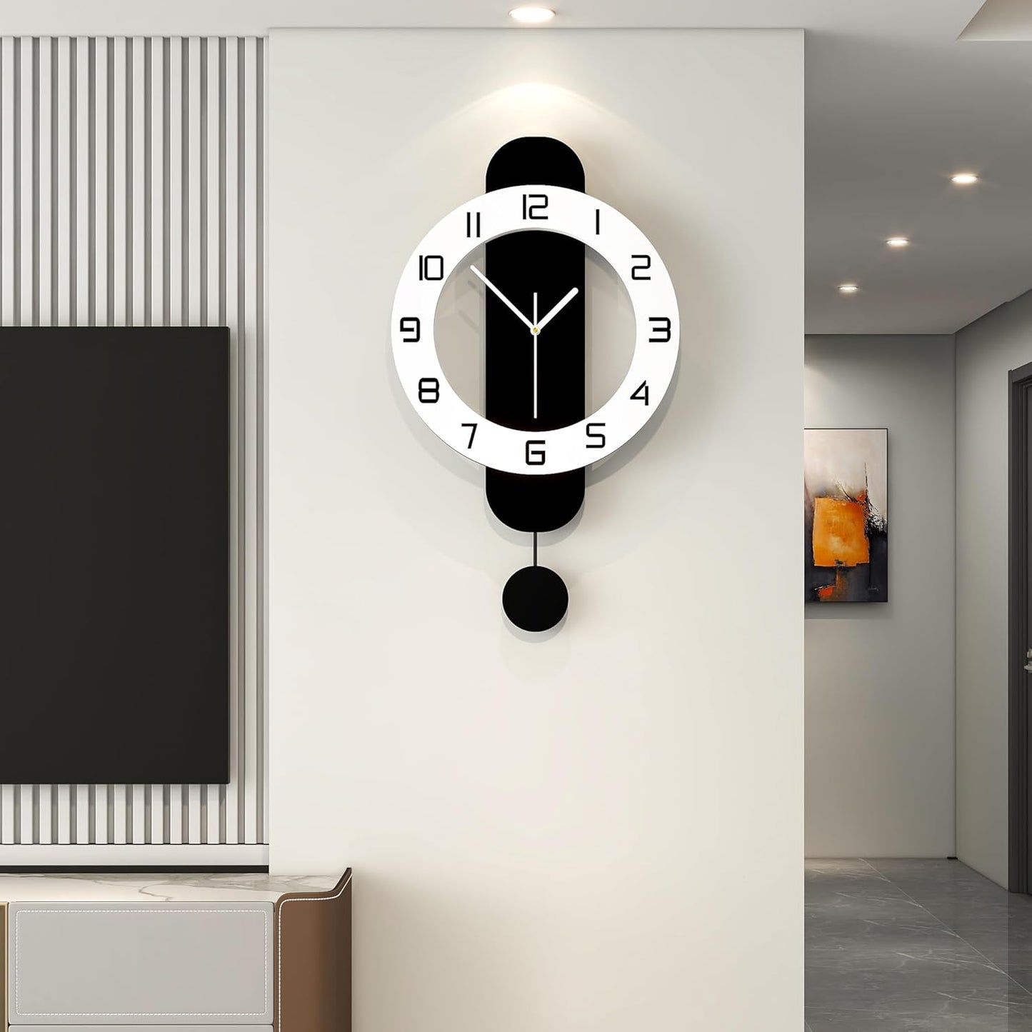 Decorative Wall Clock for Living Room Decor Large Modern Wall Clocks with Pendulum Battery Operated for Bedroom Office Kitchen Home Small Black Silent Wall Clock Non Ticking 11.8*22.4 Inch