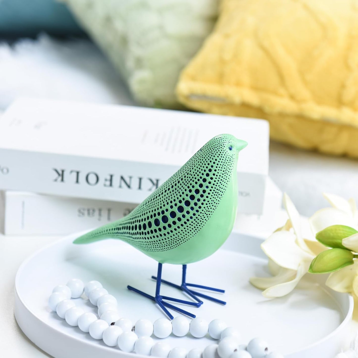 Quoowiit Bird Figurine, Modern Sculpture and Statues for Home Decor, Animal Statues for Bookshelf, Table, Entryway, Fireplace, Resin Decorative Sculpture with Chic Polka Dots Art Design (White)