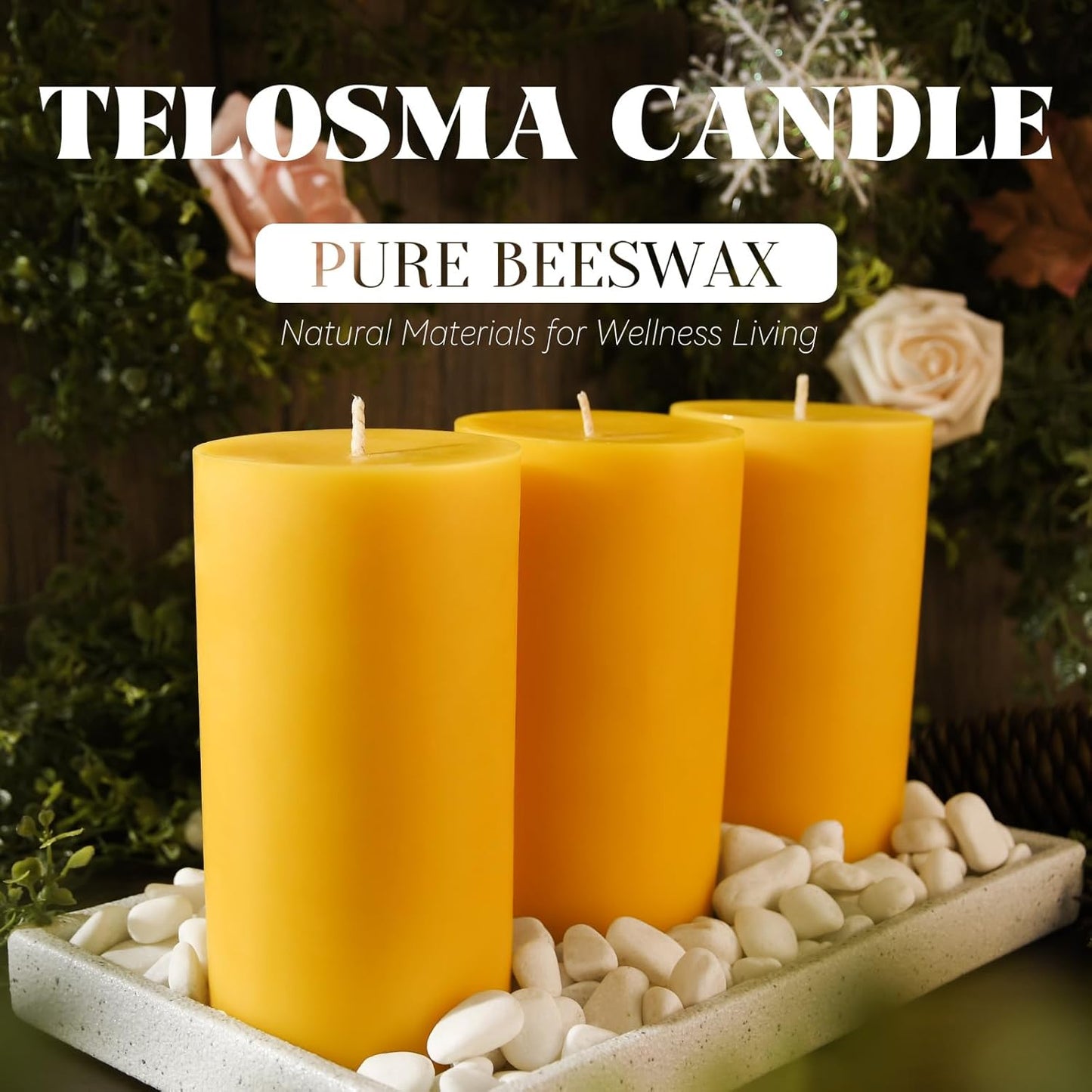 Set of 3 Natural Beeswax Pillar Candles - 3 inch Wide (3 inch 4inch 6inch Tall) - 100% Pure Bees Wax Candles, Long Burning, Unscented Smokeless & Dripless, for Emergency, Home Decor