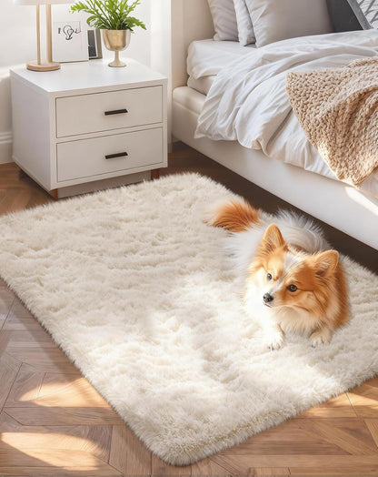 Ophanie Round Rugs 5Ft Ivory Circle Area Rug, Nursery Room Decor, Christmas Aesthetic Bedroom Home Circular Carpet 5 Foot, Fluffy Fuzzy Shag Plush Cream Living Room Rugs for Kids Boys Girls Teen Baby