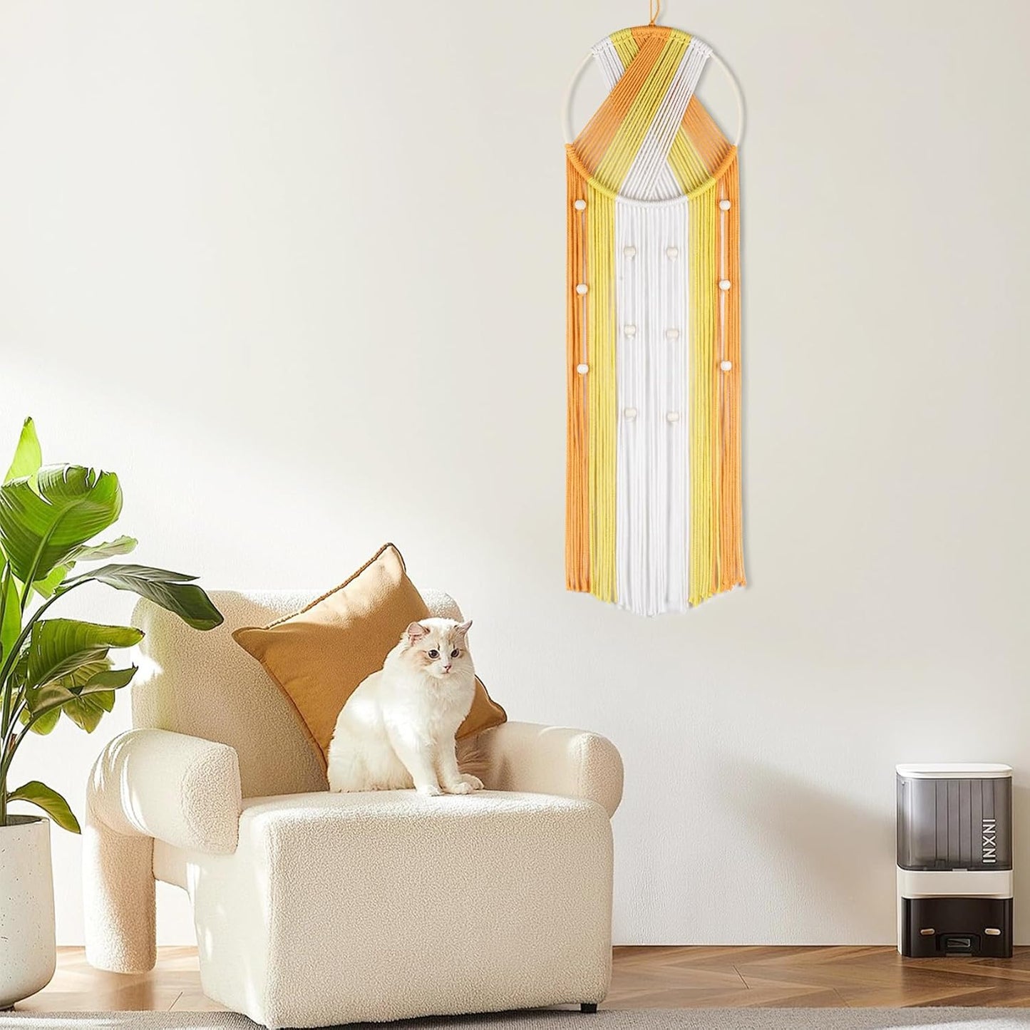 LB Boho Macrame Wall Hanging - Green and Beige Handmade Cotton Woven Decor, Modern Geometric Bohemian Tapestry Wall Decor for Bedroom Living Room Home (31.5"x9.84") Nature-Inspired Room Decor