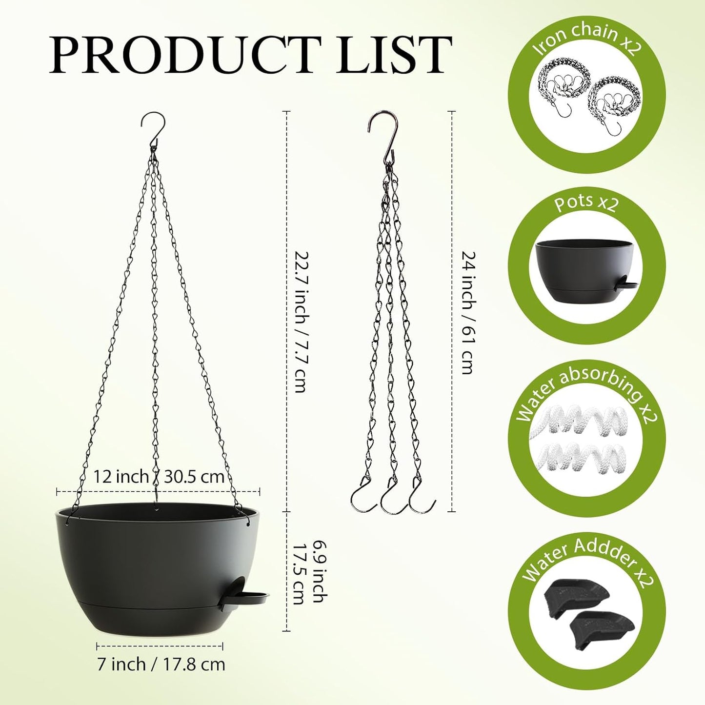 12 Inch Hanging Baskets 2 PC with Chains, Self-Watering Hanging Planters for Indoor Outdoor Plants, Plastic Hanging Flower Pots,Black