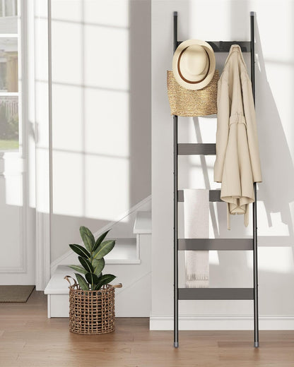 Blanket Ladder, 5-Tier Towel Holder with 4 Removable Hooks, Farmhouse Wall Leaning Decorative Rack Shelf, Wooden Towel Display Rack, Quilt Ladder for Living Room, Bedroom, Rustic Brown