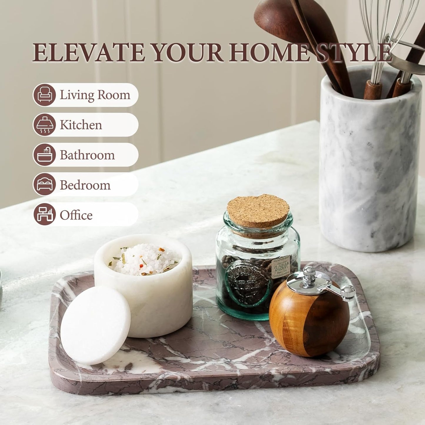 Koville Romano Travertine Tray, 12"x8" Natural Stone Vanity Tray for Countertop Bathroom Kitchen Dresser, Decorative Marble Catchall Trays for Perfume Jewelry, Rectangular Serving Tray(Beige)