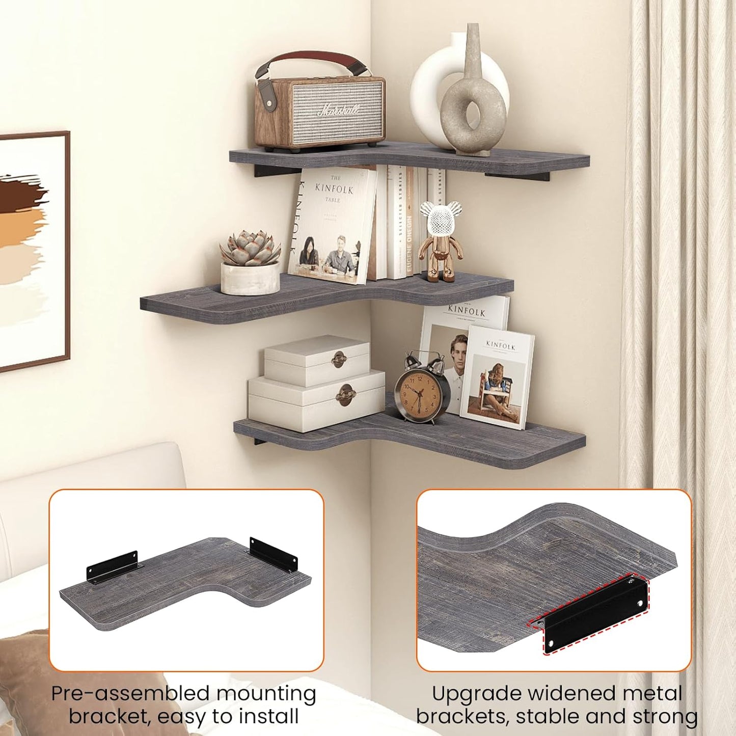 Homode Corner Floating Shelves, Set of 3 Corner Wall Shelves with Wire Hole, L-Shaped Wood Hanging Storage Shelf for Wall Decor, for Bathroom Kitchen Bedroom, White