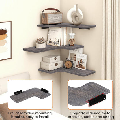 Homode Corner Floating Shelves, Set of 3 Corner Wall Shelves with Wire Hole, L-Shaped Wood Hanging Storage Shelf for Wall Decor, for Bathroom Kitchen Bedroom, White