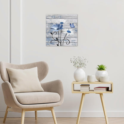 HVEST Farmhouse Floral Wall Art for Living Room, Blue and White Daisy Flower and Butterfly on Rustic Wood Board Canvas Wall Art Framed Artwork Ready to Hang for Bathroom Bedroom Decor, 16L X 12W